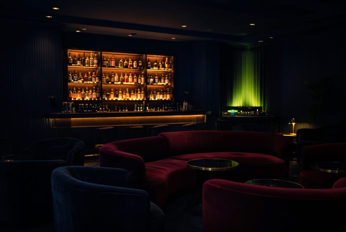 DJ setup in a casino lounge with warm ambient lighting