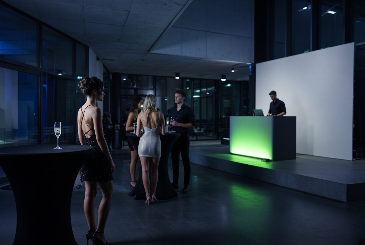 Modern corporate reception venue with DJ booth setup