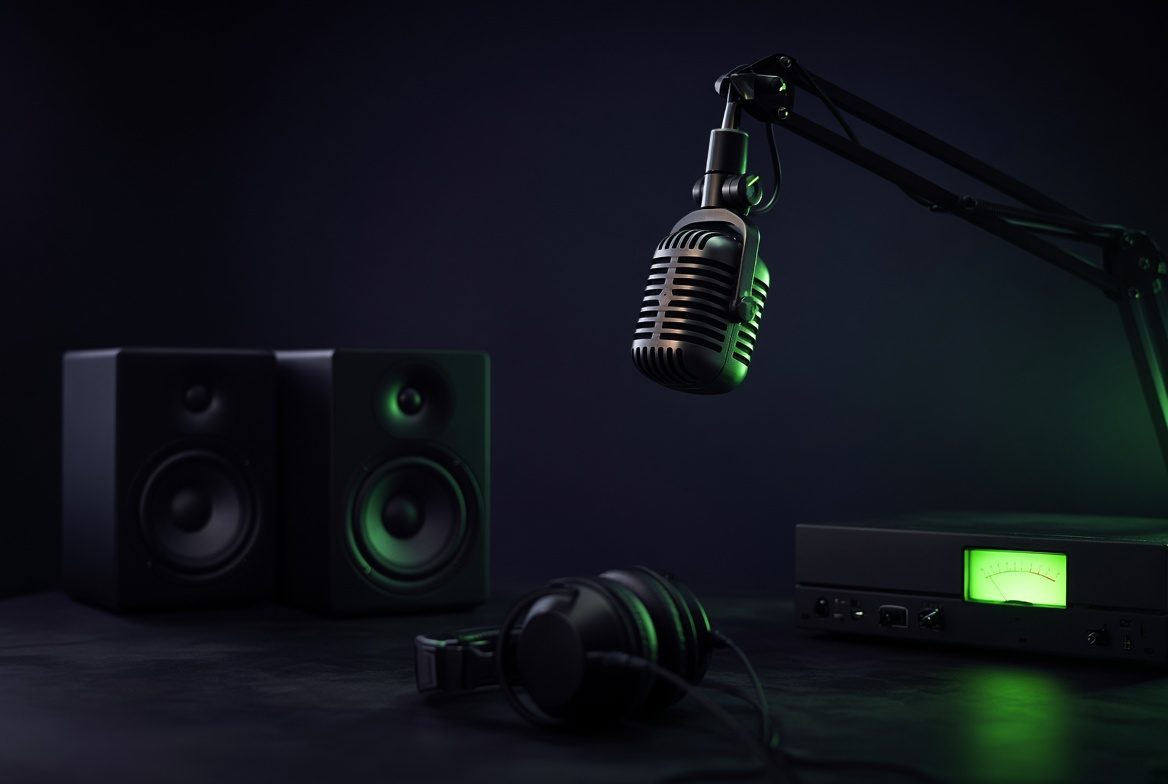Studio setup with monitors, microphone and headphones for a DJ press kit