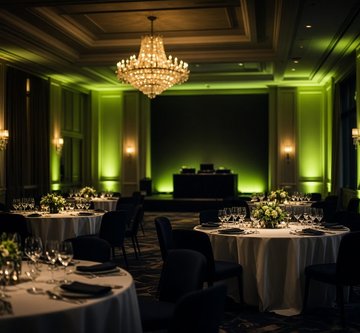 Hotel ballroom set for a corporate event with DJ stage and green uplighting