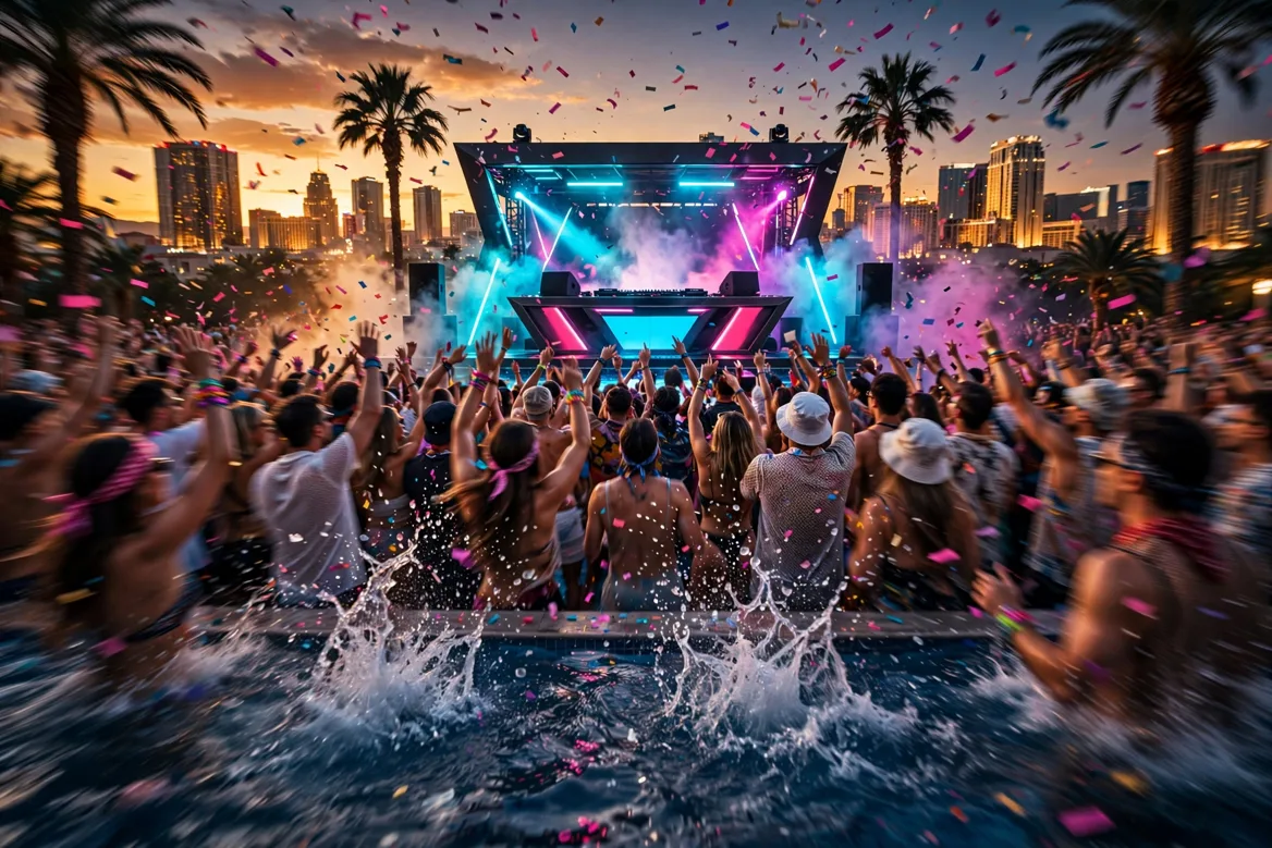 Illustration of a Las Vegas dayclub pool party at sunset with a crowd dancing toward the DJ booth