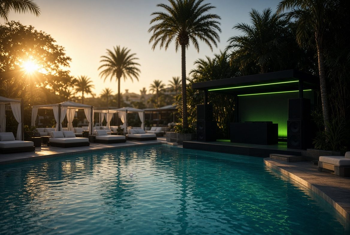 Las Vegas dayclub pool with a covered DJ stage at golden hour