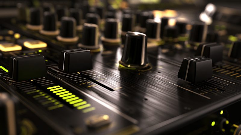 Close-up of a professional DJ mixer with lit level meters
